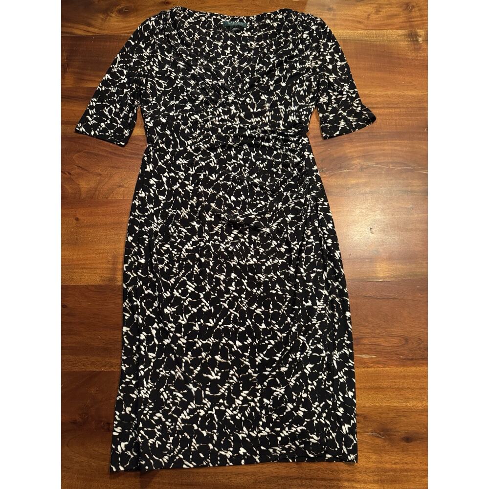 Lauren Ralph Lauren Women’s Black Crossover V-Neck Ruched Half Sleeve Dress Sz 6